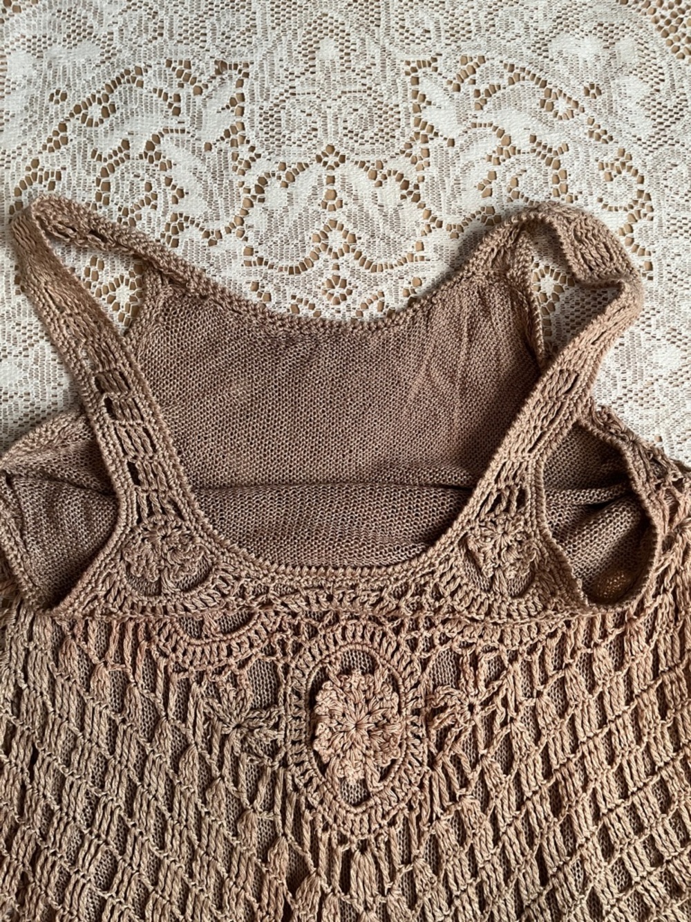 Crochet Double Lined Asymmetric Hem Tank, Tan, Size S/M - Picture 4 of 5